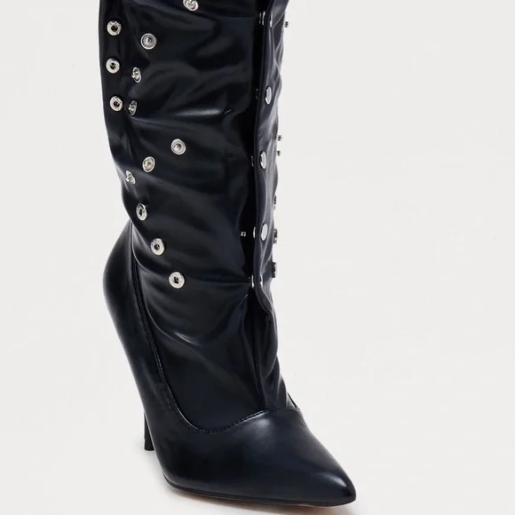 Fashion Nova Black Stiletto Boots with Grommet Detailing - Picture 3 of 4
